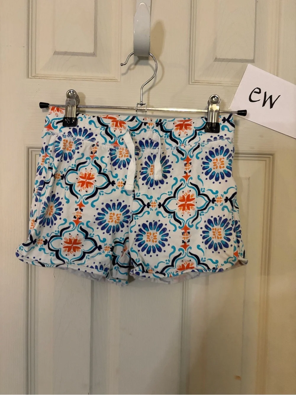 Women’s White Patterned Casual Shorts with Blue & Orange Accents